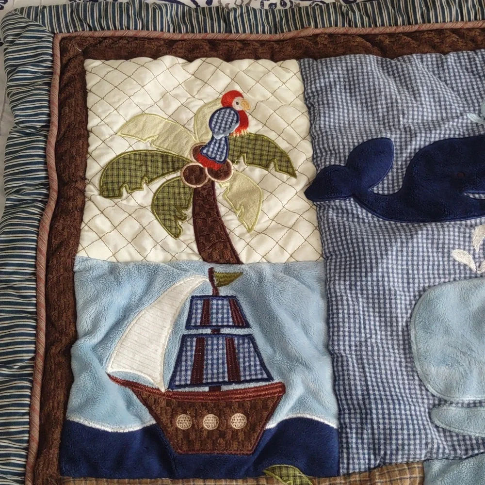 Nojo Patchwork Tropical Sailboat Ocean Island Scenic Blue Baby Vintage Blanket